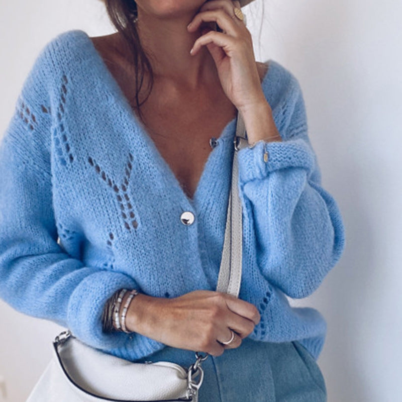 Solid color hollow V-neck sweater